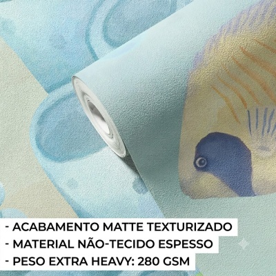 Rolo de papel de parede texturizado azul e bege com letras