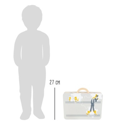 Mala infantil branca com desenhos de macacos amarelos e um macaco azul