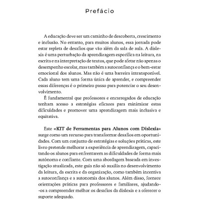 Página de livro com texto em português sobre educação inclusiva e dislexia