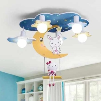 candeeiro de teto infantil lua e nuvem com lâmpadas e bonecos pendurados