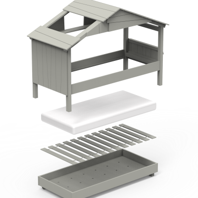 Cama infantil de madeira com estrutura de casa em cinzento e colchão branco