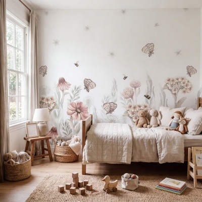 Quarto infantil com decoração floral e brinquedos organizados