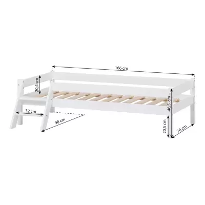 Cama branca de madeira com escada lateral e medidas indicadas.