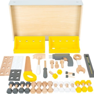Conjunto de ferramentas de madeira para crianças com vários acessórios coloridos e caixa de armazenamento