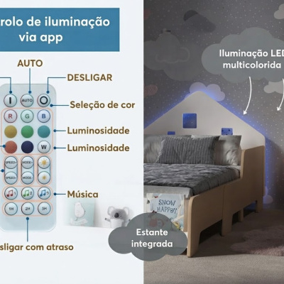 Cama infantil de madeira com iluminação LED multicolorida e comando remoto com funções em português