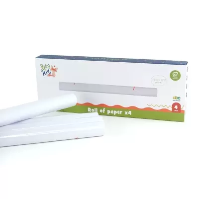 Quatro rolos de papel branco junto a uma caixa com textos e logótipos coloridos