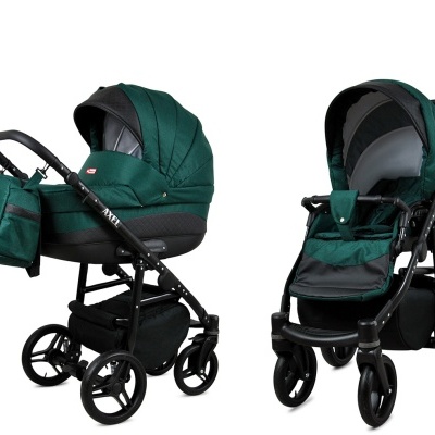 Carrinho de bebé verde escuro e preto com bolsa e texto AXEL
