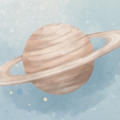 Ilustração de um planeta com anéis em fundo azul claro