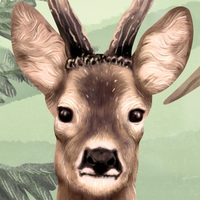 Ilustração digital de veado com texturas marrons e creme num fundo verde com folhas.