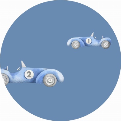 Dois carros de corrida azuis com números 1 e 2 sobre fundo azul circular