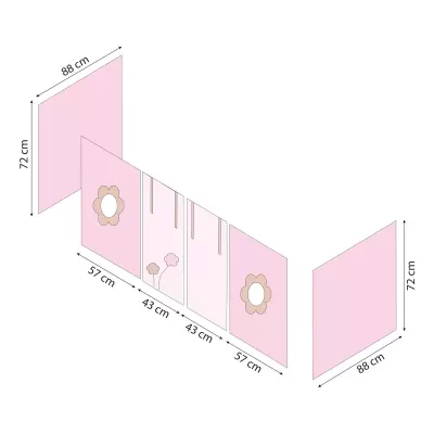 Ecrã separador rosa com flores e espelhos, cinco painéis de várias medidas.
