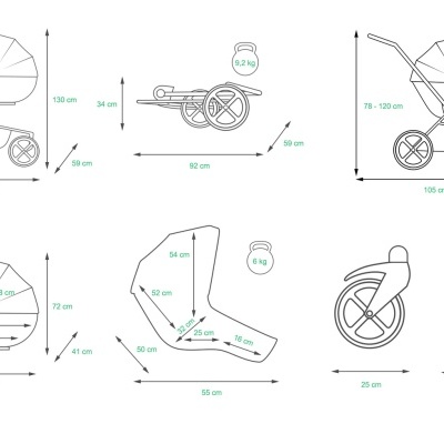 Diagrama técnico de carrinho de bebé com medidas e pesos