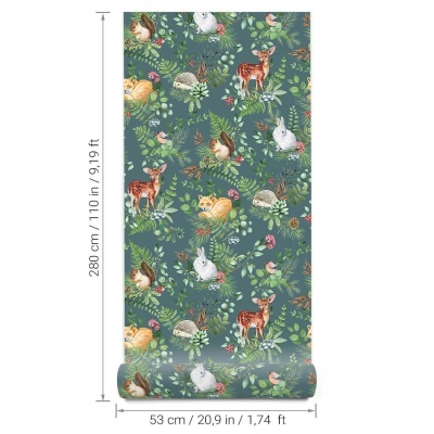 Papel de parede com padrão de animais da floresta em fundo cinza-azulado