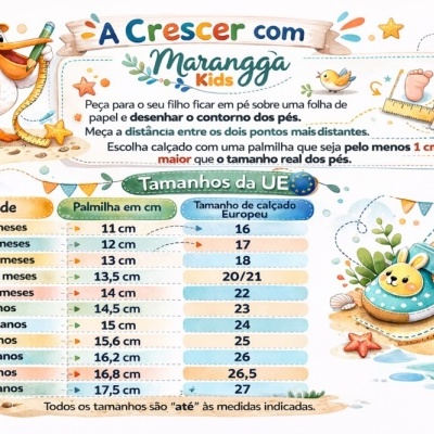 Ilustração colorida de pelicano e sapato azul com tabela de tamanhos para calçado infantil