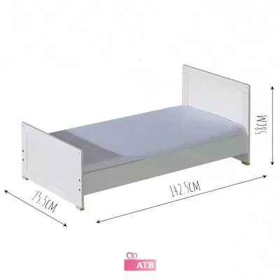 Cama individual branca de madeira com colchão cinza e medidas indicadas