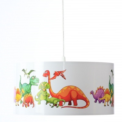 Candeeiro de tecto branco com desenhos coloridos de dinossauros.