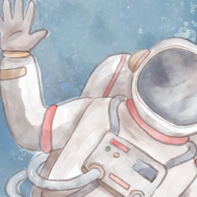 Ilustração de astronauta em fato espacial branco com detalhes vermelhos