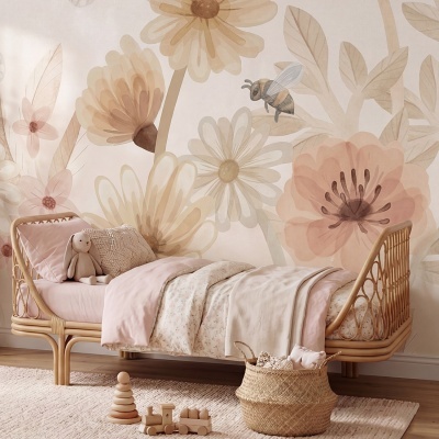 Cama infantil em rattan com roupa de cama rosa e bege, papel de parede florido e brinquedos de madeira no chão