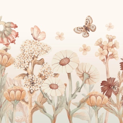 Ilustração aquarelada de flores e borboletas em tons suaves