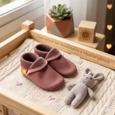 Tênis infantis rosa envelhecido em couro natural com boneco de crochê cinza e tapete decorado com corações