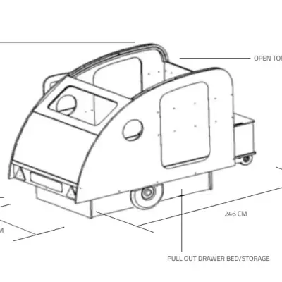 Desenho técnico de estrutura móvel com texto abreviado que indica topo aberto e gaveta pull-out para cama ou armazenamento.
