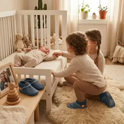 Quarto de bebé com berço branco, peluches, bebé e crianças a brincar, sapatos azuis sobre mesa de madeira e planta na janela.