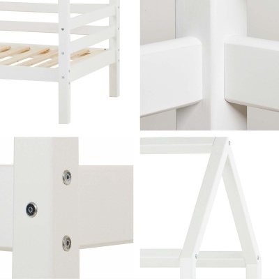 Detalhes da estrutura de uma cama infantil branca com parafusos e ripas de madeira