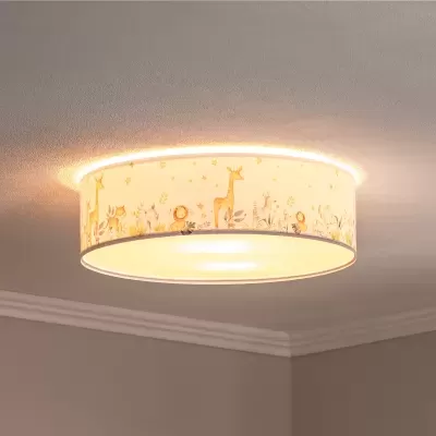 Candeeiro de teto com abajur cilindrico branco com desenho de animais amarelos e laranja