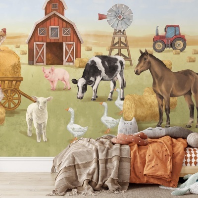 Parede decorativa com animais de quinta e elementos rurais em quarto