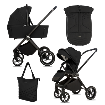 Conjunto de carrinho de bebé preto composto por alcofa, assento, saco de bebé e capa de inverno.