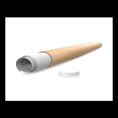 Tubo de cartão castanho com tampa branca e folhas enroladas.