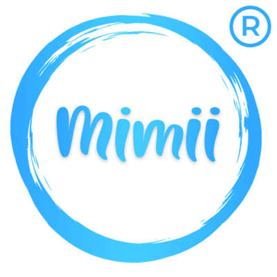 Logótipo azul com a palavra mimii dentro de um círculo azul e símbolo registado