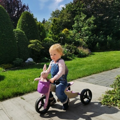 Criança num triciclo rosa com brinquedo de pelúcia ao ar livre