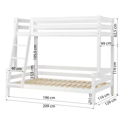 Beliche de madeira branca com escada lateral e medidas em centímetros
