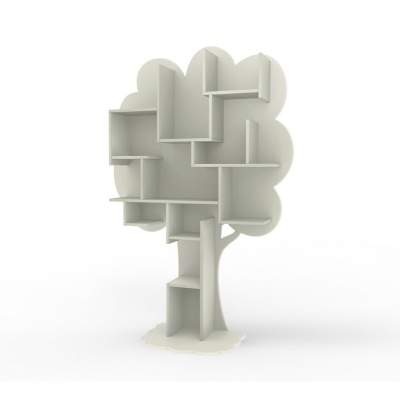 Prateleira branca em forma de árvore com vários compartimentos.