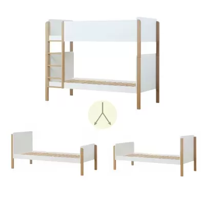 Cama beliche e camas individuais de madeira clara e branca