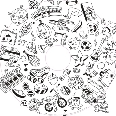 Desenhos a preto e branco de vários objetos e animais em padrão circular