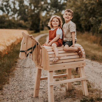 Brinquedo de cavalo de madeira com duas crianças sentadas numa estrada rural