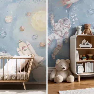 Quarto infantil com decoração espacial, berço de madeira clara e móvel branco com brinquedos.
