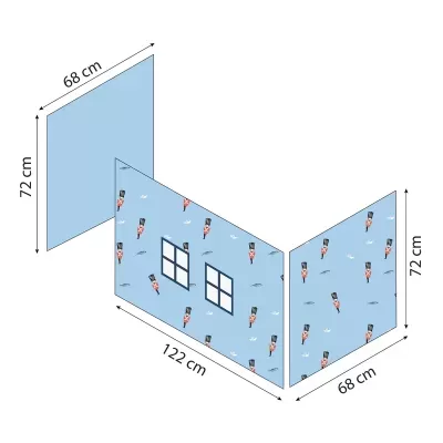 Biombo azul claro com soldados da guarda real, peixes, pássaros e duas janelas desenhadas.