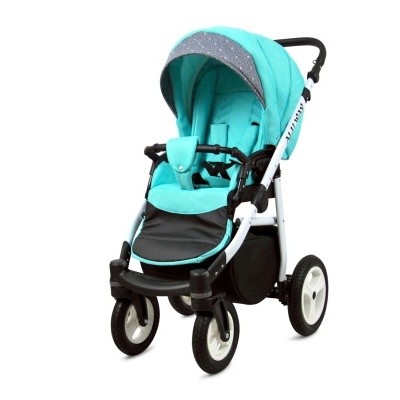 Carrinho de bebé azul turquesa com estrutura branca e rodas grandes