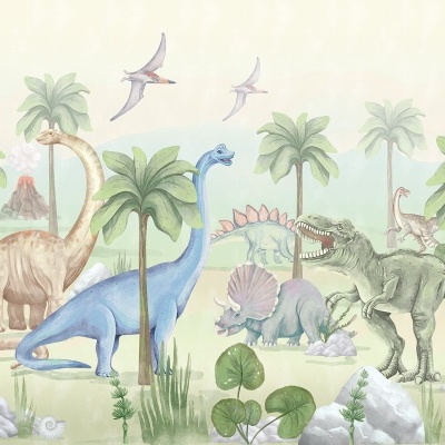 Ilustração de dinossauros coloridos num cenário pré-histórico com palmeiras e um vulcão.
