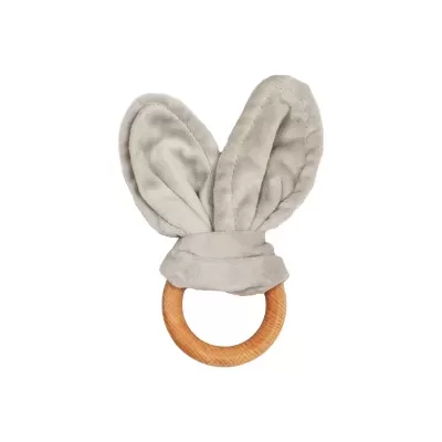 Mordedor de madeira com orelhas de tecido cinzento