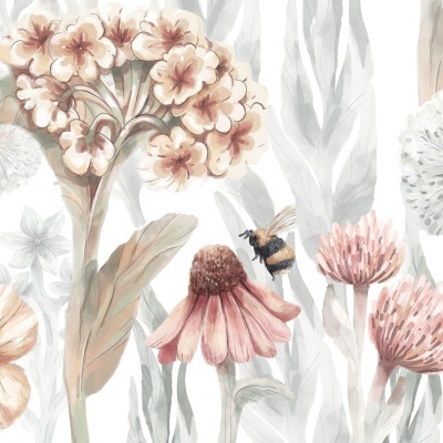 Ilustração de flores em tons pastel com abelha voando