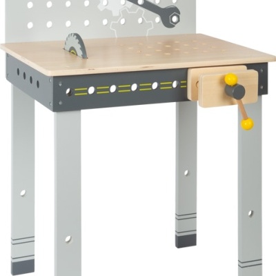 Bancada de trabalho de brinquedo em madeira com detalhes cinza, preto e amarelo