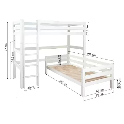 Cama alta branca com cama inferior e escada, medidas visíveis em centímetros