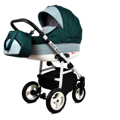 Carrinho de bebé verde com padrão floral cinza e estrutura branca.