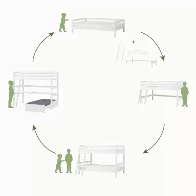 Várias configurações de camas de madeira branca para crianças com figuras verdes e setas