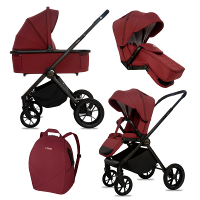 Carrinho de bebé e mochila vermelhos com estrutura preta e texto BabyLux e BOLDO
