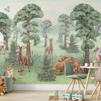 Papel de parede infantil com ilustração de floresta e animais